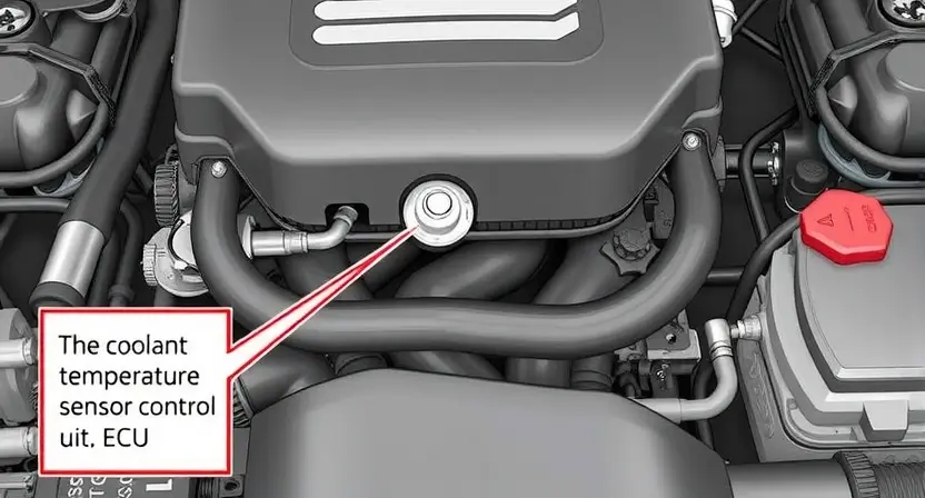 A detailed illustration of a car engine with a focus on the coolant temperature sensor and its connection to the engine control unit (ECU). The image should clearly show the sensor's location, wiring, and the surrounding engine components. The overall aesthetic should be clean and informative, suitable for a technical guide.