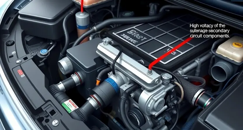 A detailed illustration of a car's engine bay, specifically focusing on the fuel system. Show the fuel pump, fuel injectors, and the high-voltage secondary circuit components. The components should be realistically rendered with visible wiring and connections. The background should be slightly blurred to emphasize the engine components.
