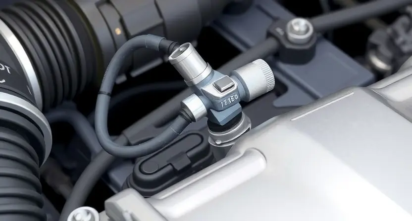 A close-up, detailed illustration of an engine's coolant temperature sensor. The sensor should be clearly visible, with surrounding engine components subtly blurred in the background. Focus on the sensor's physical characteristics – its wiring, connector, and any identifying markings. The overall color palette should be realistic, reflecting the metallic and plastic materials of the sensor and engine.