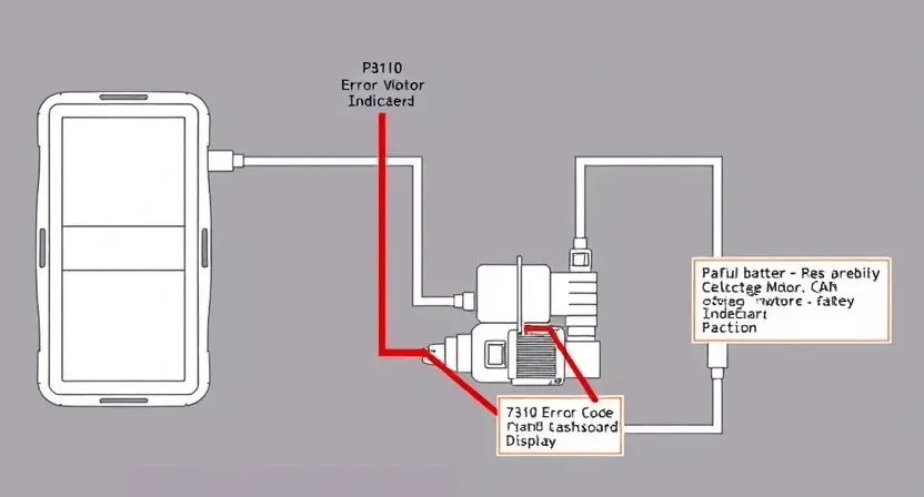 A detailed schematic diagram of a hybrid vehicle's charging system, highlighting the battery, inverter, electric motor, and the CAN bus communication. Focus on the P3110 error code indicator on a dashboard display. The diagram should be clean, professional, and easy to understand, emphasizing the electrical connections and components involved.