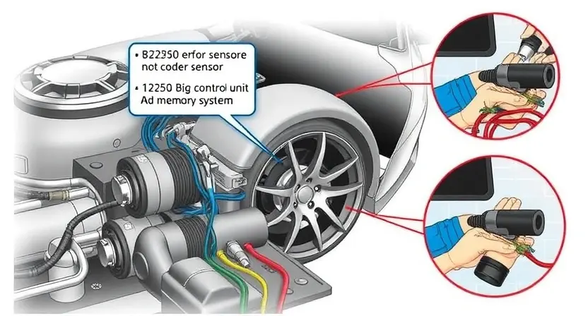 A detailed illustration of a car's engine control system with a highlighted B2250 error code sensor. Show the sensor's connection to the engine control unit and memory system. Include visual elements that represent the process of diagnosing and fixing the error, such as a technician using a diagnostic tool and replacing the faulty sensor.