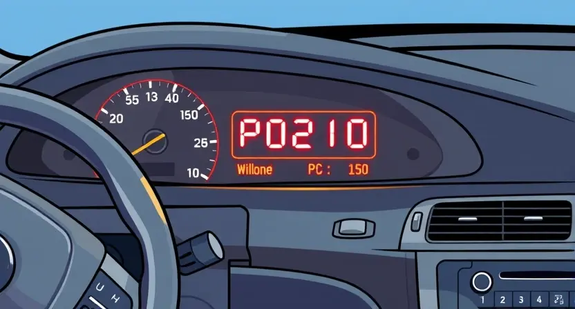 A detailed illustration of a car's dashboard with a diagnostic error code display showing 'P0210'. The dashboard should be brightly lit, showcasing the error code clearly. Include relevant car components like the steering wheel, instrument cluster, and air vents.