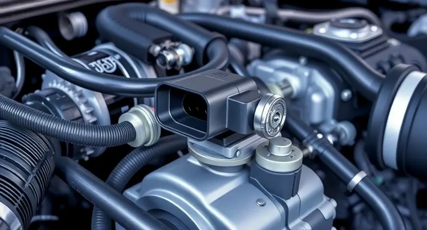 A close-up, detailed illustration of a car's engine bay with a focus on the mass airflow sensor (MAF sensor). The sensor should be clearly visible, along with surrounding engine components like hoses and wires. The overall lighting should be bright and clean, emphasizing the mechanical details. The background should be slightly blurred to keep the focus on the sensor.
