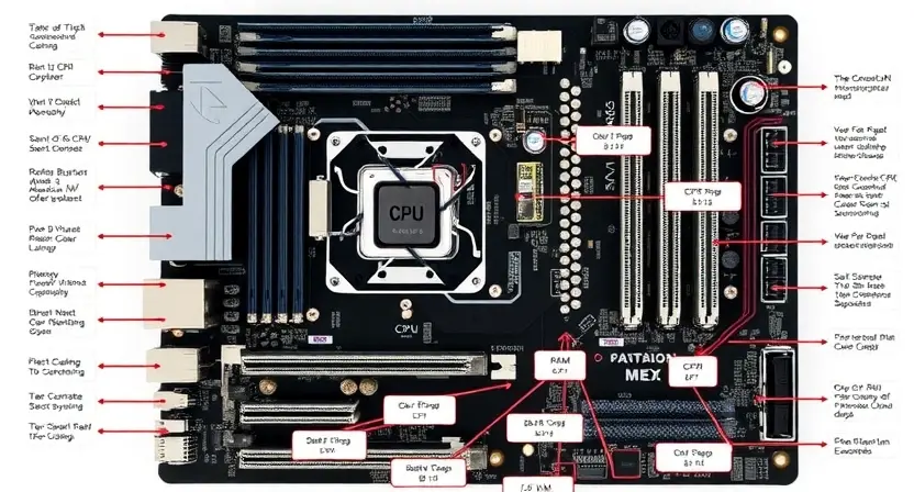 A detailed diagram illustrating the internal components of a computer motherboard, highlighting the CPU, RAM, GPU, and other key elements. Focus on a clean, organized layout with clear labels and connections. The image should convey a sense of technical precision and clarity.