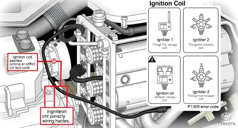 A detailed technical illustration of a Toyota vehicle's ignition system showing the ignition coil and wiring harness for cylinder 2, with clear labels indicating the P1305 error code location, surrounded by schematic diagrams of engine components, rendered in high-quality technical drawing style with precise line work and labeled parts