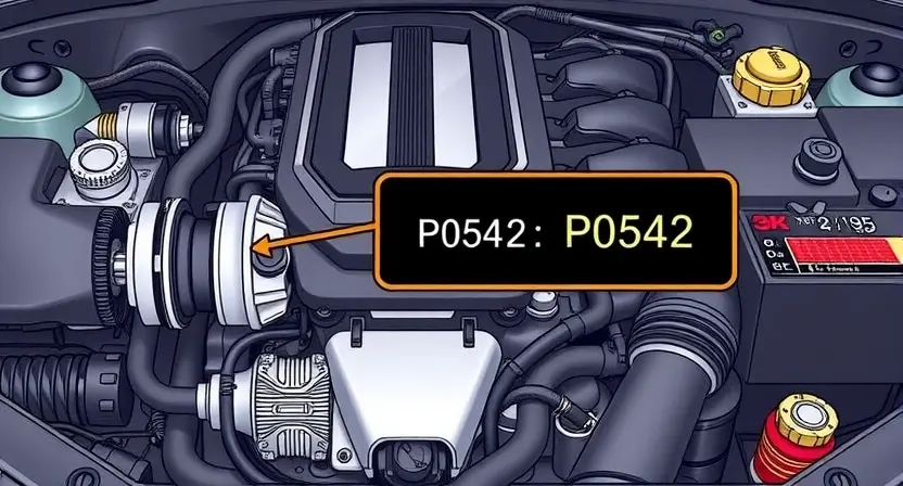 A detailed illustration of a car engine with a highlighted P0542 error code indicator. The engine should be realistically rendered, showing various components like the crankshaft, camshaft, and sensors. The P0542 code should be clearly displayed on a digital dashboard or a separate diagnostic screen within the engine bay.