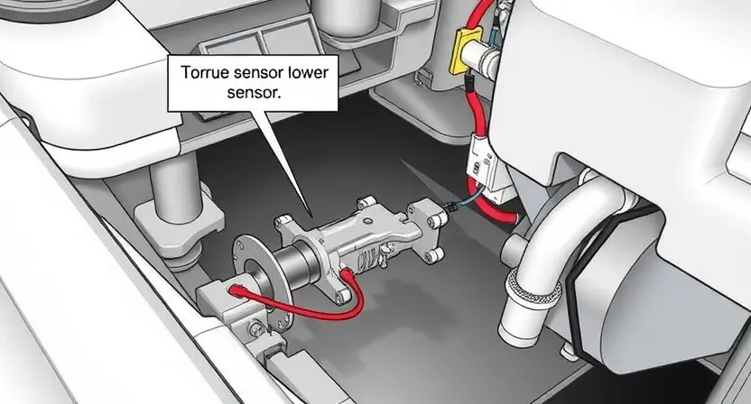 A detailed illustration of a car's power steering system, focusing on the torque sensor and its connection to the steering rack. Highlight the sensor's location within the system and its wiring. Show a clean, well-lit automotive environment. The image should emphasize the mechanical components and electrical connections involved in the system.