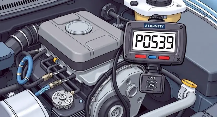A detailed illustration of a car's engine bay with a diagnostic code reader displaying 'P0539'. Focus on the engine components, wiring, and the code reader. The image should clearly show the code and its context within the engine.