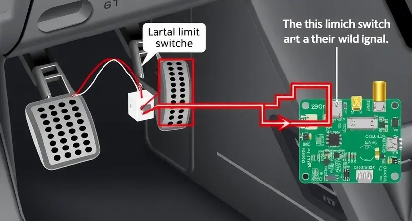 A detailed illustration of a car's clutch pedal and its associated limit switch circuit. The image should clearly show the limit switch, the wiring connecting it to the clutch pedal, and the circuit board that receives the signal. Focus on technical accuracy and clarity.