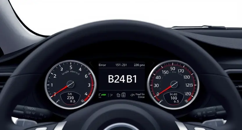 A detailed illustration of a car's dashboard with a prominent display showing an error message 'B24B1' related to the body height sensor signal. The dashboard should be realistically rendered, with clear indicators of the error. Focus on the sensor and its connection to the car's systems.