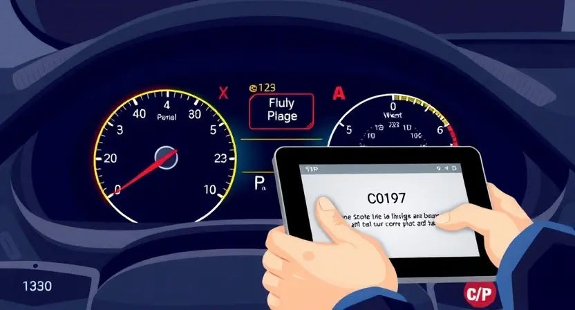 A high-quality technical illustration showing a modern car dashboard with warning lights, error code C0197 displayed on a diagnostic screen, and a mechanic's hand holding a tablet analyzing the issue, emphasizing safety and vehicle control systems