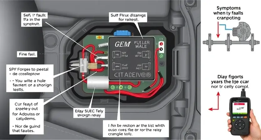A detailed illustration of a car's FICM relay circuit with visual representations of potential faults and symptoms. Include diagrams of the relay, wiring, and diagnostic tools. Focus on clarity and technical accuracy.