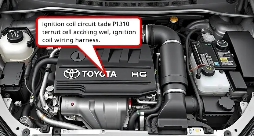 A high-quality technical illustration showing a Toyota vehicle engine compartment with a highlighted ignition coil wiring harness, emphasizing the P1310 error code related to ignition coil circuit malfunction, with clear labels and technical details, no text or numbers on the image
