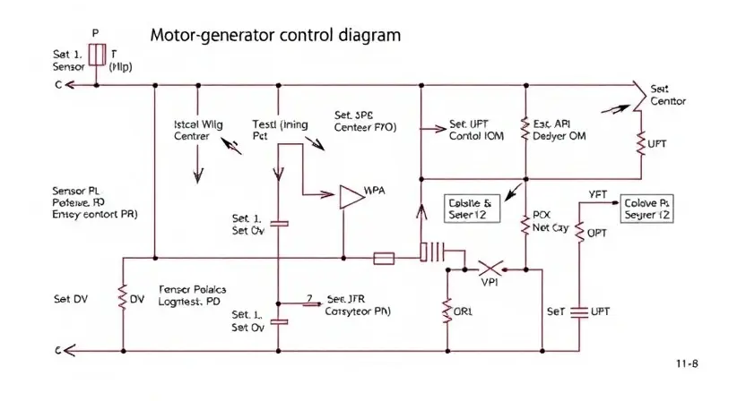 A detailed schematic diagram of a motor-generator control circuit, highlighting potential points of failure. Include visual representations of components like sensors, actuators, and control logic. The diagram should be clean and well-labeled, with arrows indicating signal flow.