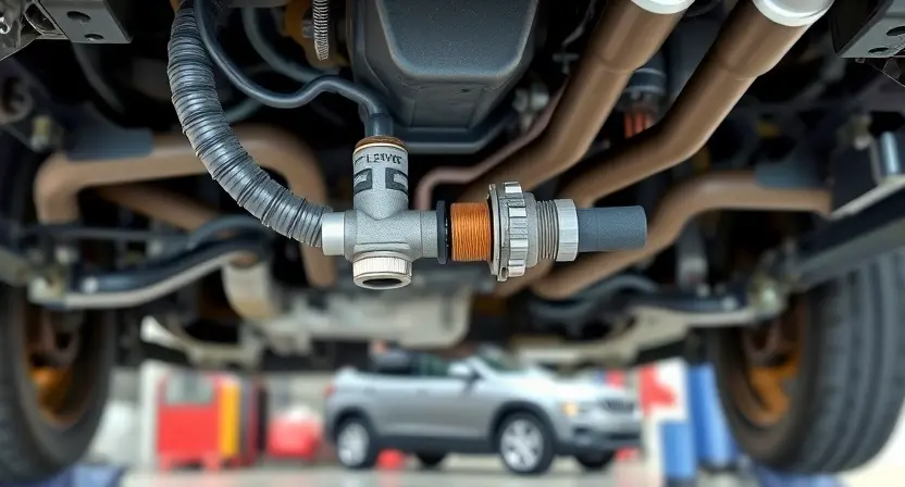 A close-up, detailed illustration of a car's undercarriage, specifically focusing on the area where the differential pressure sensor is located. The sensor should be clearly visible, along with the associated hoses and wiring. The background should be a slightly blurred view of the car's components, suggesting a workshop environment. The lighting should be bright and even, highlighting the sensor's details.