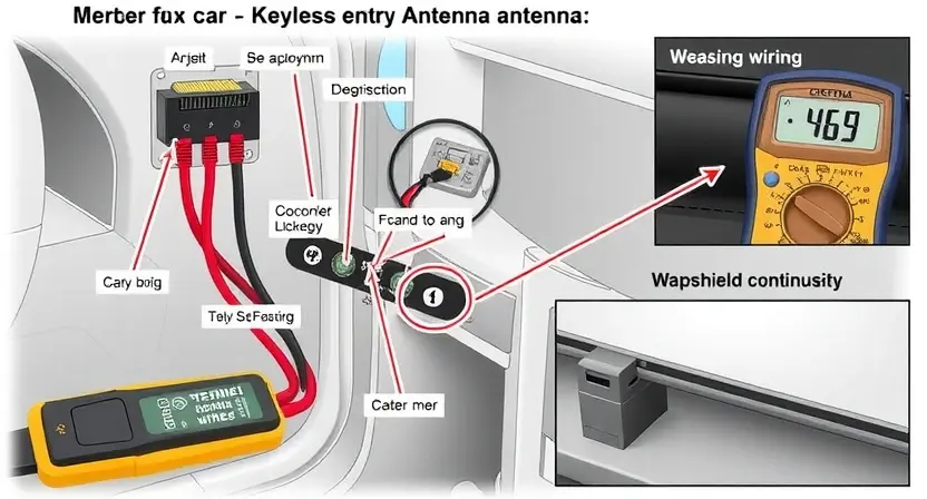 A detailed technical illustration of a car's keyless entry antenna circuit, showing wiring, connectors, and diagnostic tools like a multimeter testing continuity, with labeled components and a close-up view of the antenna wire near the windshield or door handle, in a clean automotive engineering style