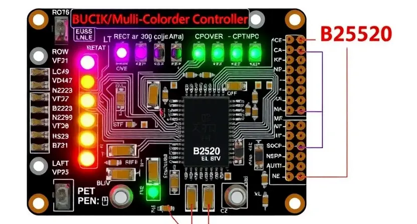 A detailed schematic diagram of a background multi-color lighting controller circuit board, highlighting the B2520 error point. Include visual representations of components like LEDs, resistors, and integrated circuits. The diagram should be clean and well-labeled.
