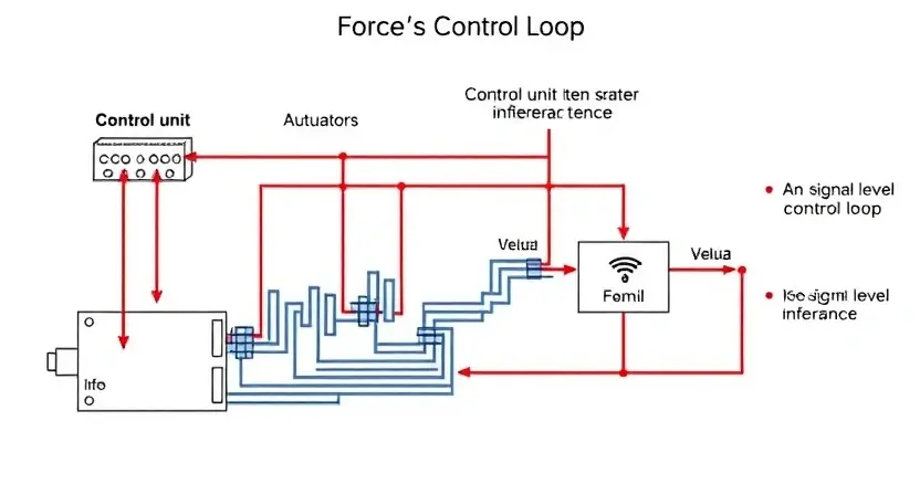 A detailed schematic diagram of a vehicle's force control system, highlighting the signal path and potential areas of interference. The diagram should clearly show the control unit, sensors, actuators, and wiring. Focus on illustrating a high signal level within the control loop.