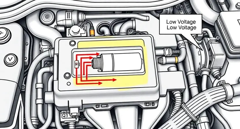 A detailed technical illustration of a car engine control module with a highlighted oxygen sensor circuit showing low voltage, including wiring diagrams and diagnostic tools, clean technical drawing style