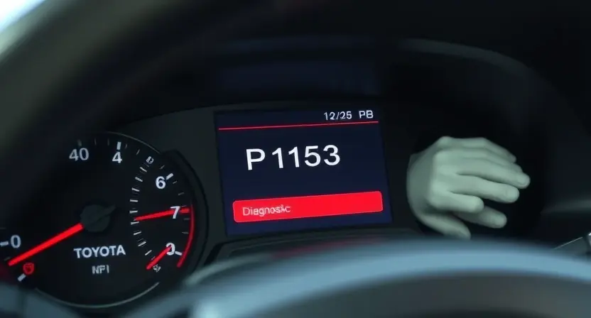 A close-up shot of a Toyota vehicle's dashboard displaying a diagnostic screen with the error code P1153 highlighted. The background should show a mechanic's hands working on the car's engine, subtly blurred. Focus on the dashboard display and the engine area.