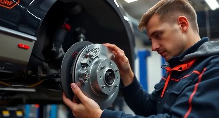 A professional mechanic in a well-lit garage inspecting a car's brake system, focusing on brake pads, rotors, and hydraulic lines, with diagnostic equipment showing an error indication without any visible text or numbers, emphasizing the process of regular brake maintenance and troubleshooting