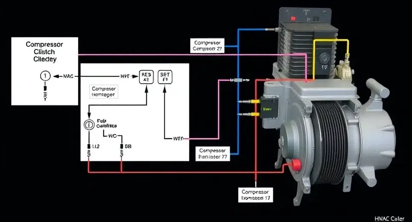 A detailed schematic diagram of a car's HVAC (Heating, Ventilation, and Air Conditioning) system, highlighting the circuit related to the compressor clutch and the control module. Focus on the wiring connections, sensors, and the compressor itself. The diagram should be clean, well-organized, and easy to understand, with clear labels for each component.