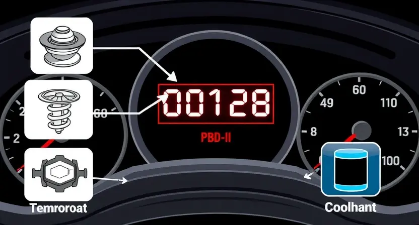 A high-quality technical illustration showing a car dashboard with an illuminated check engine light displaying the OBD-II code P0128, surrounded by icons of a thermostat, temperature gauge, and coolant system, clean lines, detailed components, no text or numbers on the image