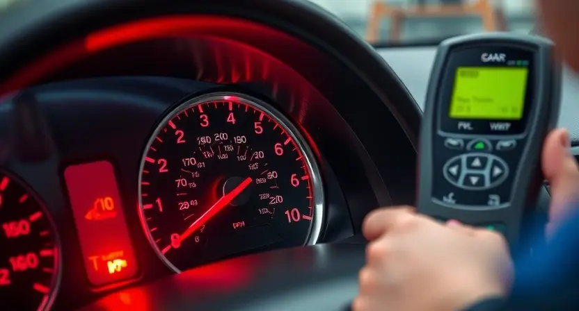 A close-up of a car dashboard with the check engine light illuminated, focusing on the temperature sensor area. The image should show a technician using a diagnostic tool to scan the car's computer system, with a blurred background of a garage or workshop.