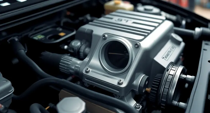 A close-up, detailed illustration of a car engine bay, focusing on the throttle body and related components. The engine should appear clean and well-maintained. Highlight the throttle body with a subtle glow or outline to draw attention. The background should be slightly blurred, suggesting a professional automotive setting.