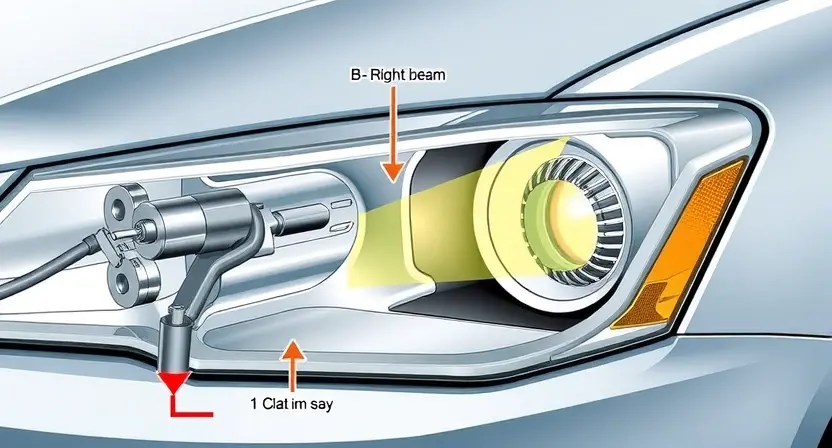 A detailed illustration of a car headlight assembly, highlighting the B24B0 sensor and its connection to the headlight correction system. The image should show the sensor, wiring, and the mechanism responsible for adjusting the headlight beam. Focus on technical accuracy and clarity.