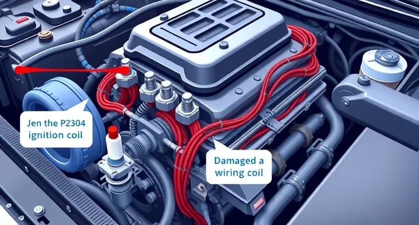 A detailed illustration of a car engine with a focus on the ignition system. Show the spark plugs, ignition coils, and wiring harness. Highlight the components that could cause the P2304 error code, such as a faulty ignition coil or damaged wiring. Use a realistic and technical style to depict the engine components.