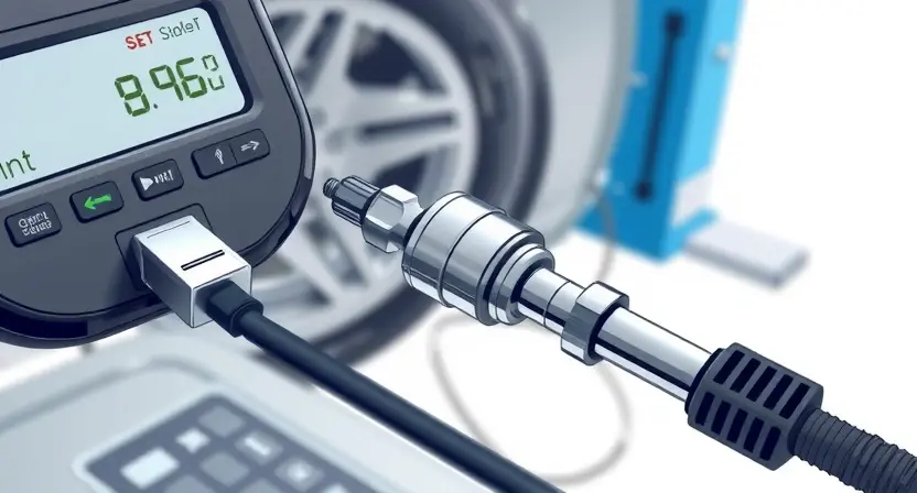 A close-up, detailed illustration of an oxygen sensor being tested with diagnostic equipment. The sensor should be clearly visible, along with wires and a digital display showing readings. Focus on the sensor's components and connections. The background should be a clean, professional automotive repair environment.