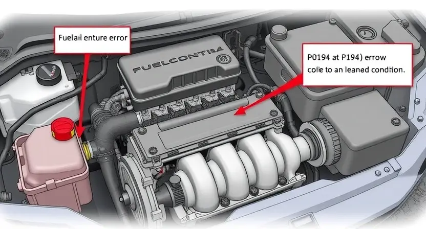 A detailed illustration of a car's engine bay, highlighting the fuel rail and fuel pressure sensor. The engine should be partially disassembled to show the components clearly. Focus on the P0194 error code related to a lean condition.
