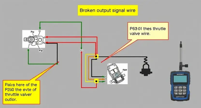 A detailed schematic diagram of an automotive throttle valve circuit, highlighting the P2620 error code and the potential cause of a broken output signal wire. Include visual representations of the throttle valve, wiring harness, and diagnostic tools.