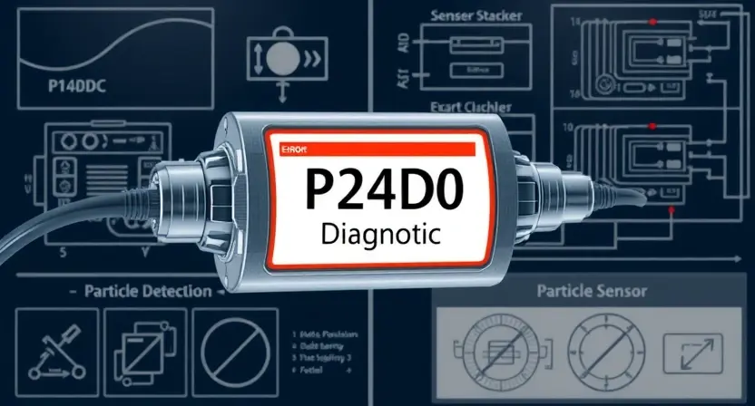 A detailed illustration of a particle sensor with a visual representation of the P24D0 error code displayed on a diagnostic screen. The sensor should be surrounded by technical diagrams and schematics related to particle detection.