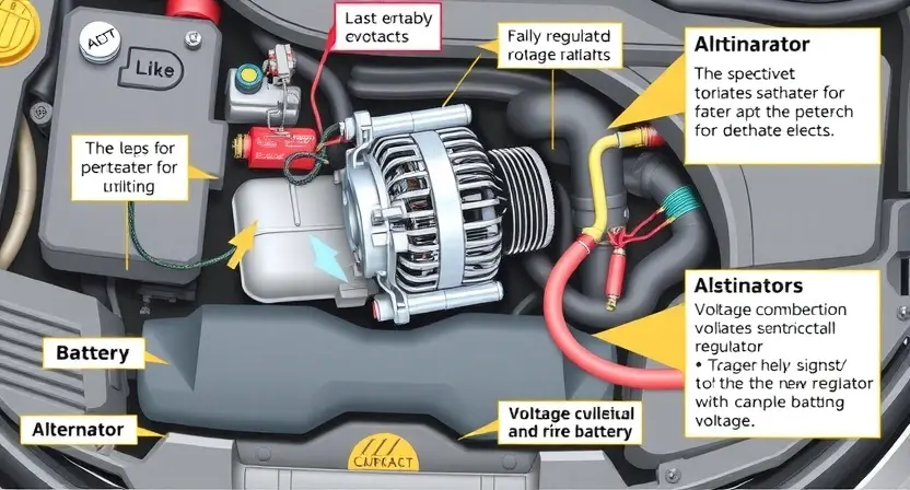 A detailed illustration of a car's electrical system, specifically highlighting the battery, alternator, and voltage regulator. Show potential causes of unstable voltage, such as loose connections or a faulty component. Focus on the visual representation of electrical flow and potential issues.