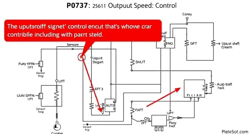 A detailed schematic diagram of a car engine's output shaft speed control circuit, highlighting the P0737 error code and its potential causes. Include visual representations of sensors, actuators, and control units.