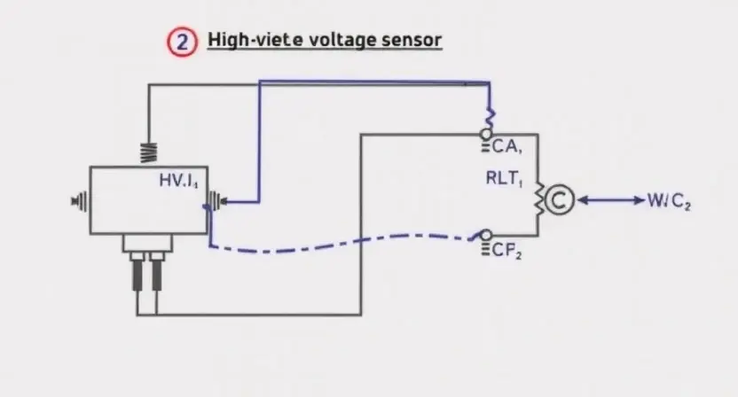 A detailed schematic diagram illustrating a high-voltage voltage sensor circuit with a broken wire. The diagram should clearly show the sensor, the wiring, and the point of the break. Focus on the electrical connections and the visual representation of the open circuit.
