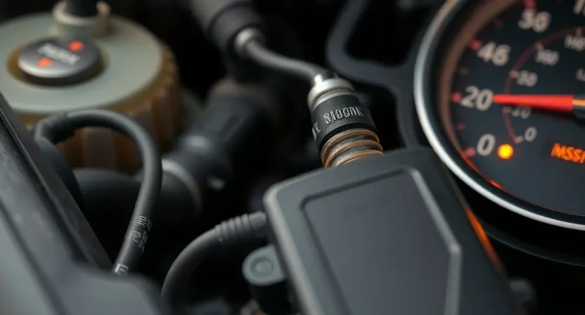 A close-up of a car engine bay showing an oxygen sensor with a subtle glow indicating low activity, a diagnostic tool connected to the sensor, and a dashboard warning light illuminated, all in a realistic style, no text or numbers visible.