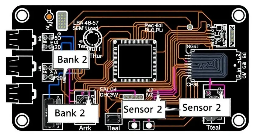 A detailed schematic diagram illustrating a circuit board with components labeled "Bank 2" and "Sensor 2". Highlight the connections between these components and other relevant parts of the board. Focus on clarity and technical accuracy.