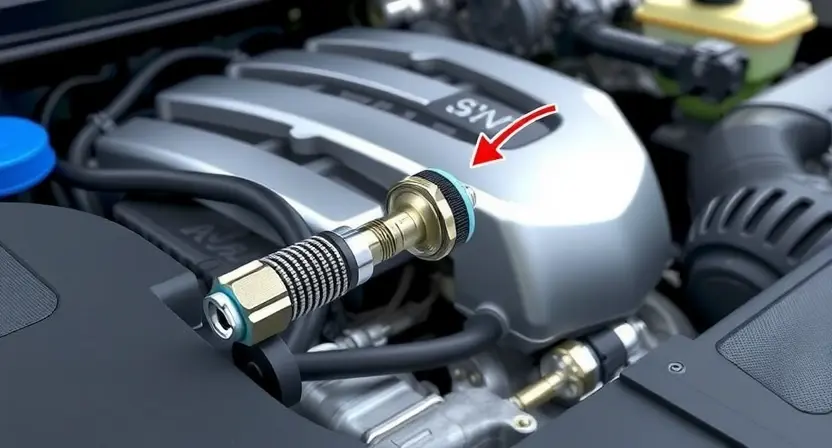 A close-up illustration of a car engine bay with a highlighted oxygen sensor. The sensor should be clearly visible, with arrows pointing to it indicating its location. The background should show other engine components, but the focus should be on the oxygen sensor. The overall lighting should be bright and clean, emphasizing the sensor's details.