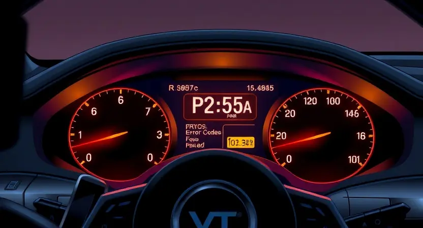 A detailed illustration of a car's dashboard showing a P285A error code illuminated on the display. The dashboard should be brightly lit, with a focus on the error code and surrounding warning lights. The car's interior should be realistically depicted, showing the steering wheel, seats, and other components.