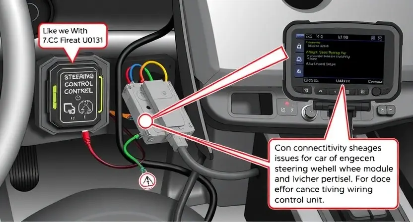 A detailed technical illustration of an automotive electrical system showing a steering wheel control module with a warning indicator, wiring harnesses, and a diagnostic scanner displaying error code U0131, with emphasis on connectivity issues between the steering wheel module and vehicle control unit