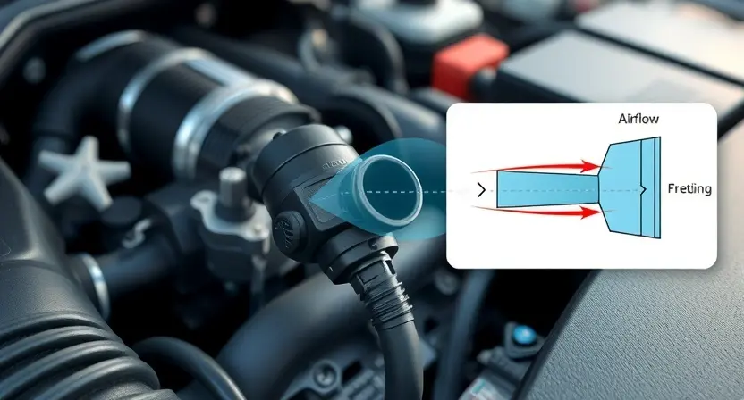 A close-up, detailed illustration of a car's engine bay, focusing on the mass airflow sensor (MAF sensor). The sensor should be clearly visible, with surrounding engine components subtly in focus. Include a simplified diagram overlay showing airflow direction and pressure readings. The overall lighting should be bright and clean, emphasizing the sensor's details.