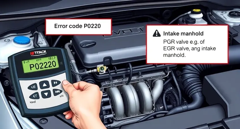 A detailed illustration of a car's engine bay with a diagnostic tool connected to the vehicle's computer. The image should clearly show the error code P0220 displayed on a screen, along with visual representations of the relevant components (e.g., EGR valve, intake manifold). Focus on technical accuracy and clarity.