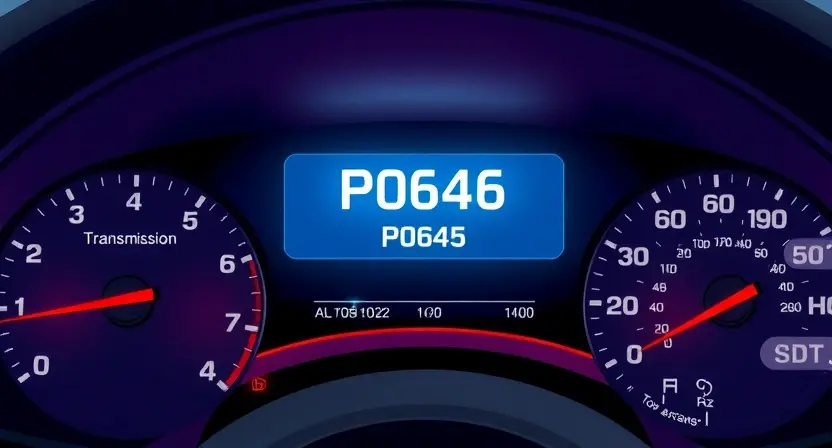 A detailed illustration of a car's dashboard with a diagnostic trouble code (DTC) light illuminated, specifically showing the P0646 error code. The dashboard should be brightly lit, highlighting the error message. Include a visual representation of the affected system (e.g., transmission control module) subtly in the background.