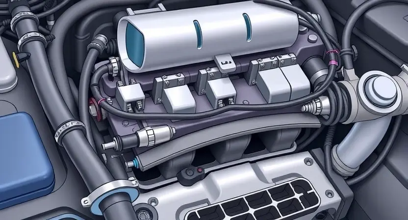 A detailed illustration of a car engine bay, focusing on the crankshaft position sensor and its wiring. The sensor should be clearly visible, along with the associated wiring harness and connectors. The background should be slightly blurred to emphasize the sensor and wiring.