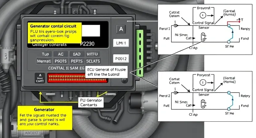 A detailed illustration of an automotive engine control unit (ECU) with wiring diagrams highlighting the generator control circuit. Focus on the components involved in the P0620 error code, such as the generator, sensors, and control signals. The image should depict a technical schematic with clear labels and annotations.