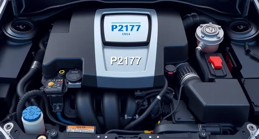 A detailed illustration of a car engine with a highlighted P2177 error code displayed on a dashboard screen. The engine should be clean and well-lit, showcasing its components. Focus on the diagnostic information being presented.