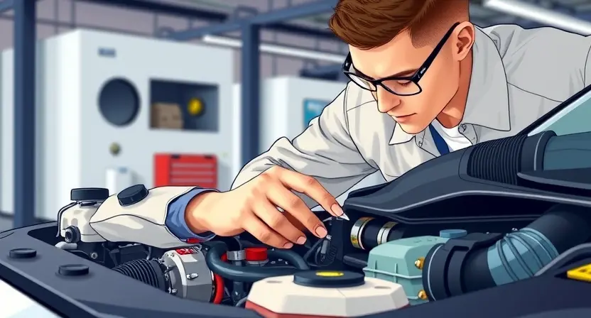 A close-up, detailed illustration of a car engine bay with a mechanic inspecting the engine. Focus on the engine components, hoses, and sensors. The mechanic should be wearing a light-colored uniform and safety glasses. The overall lighting should be bright and clean, highlighting the engine's details.